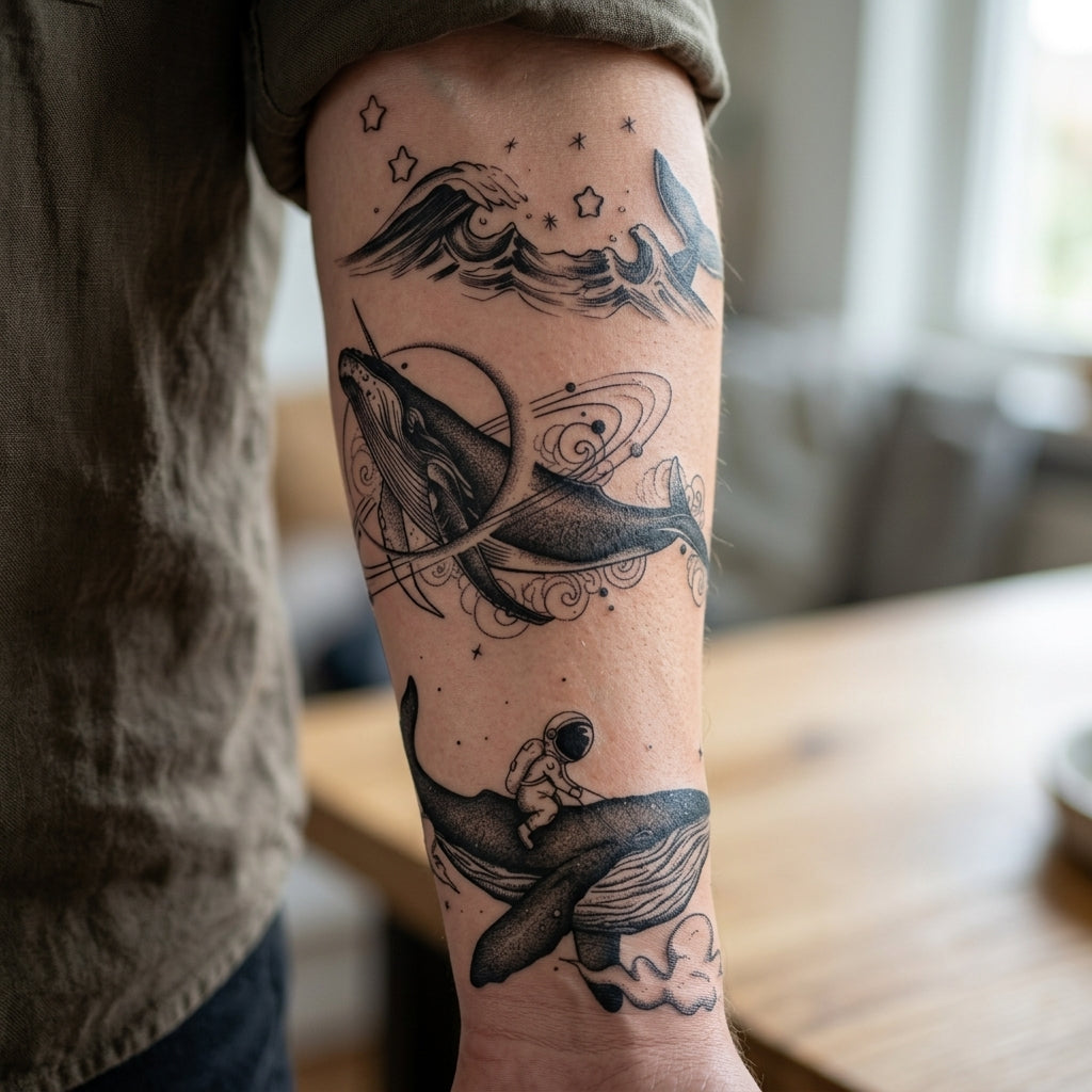 Space Whales semi permanent tattoo applied on body
