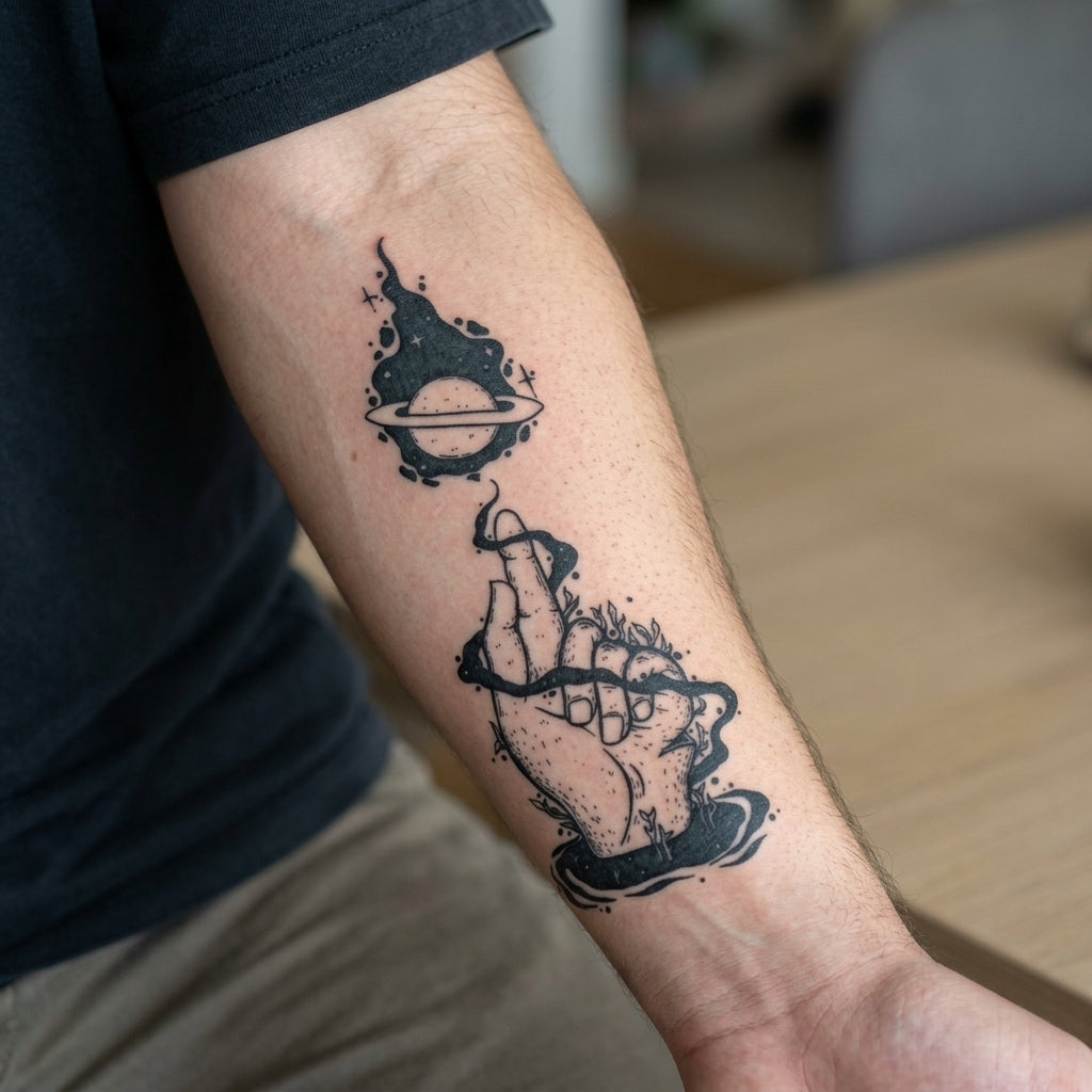 Planet Hand semi permanent tattoo applied on body
