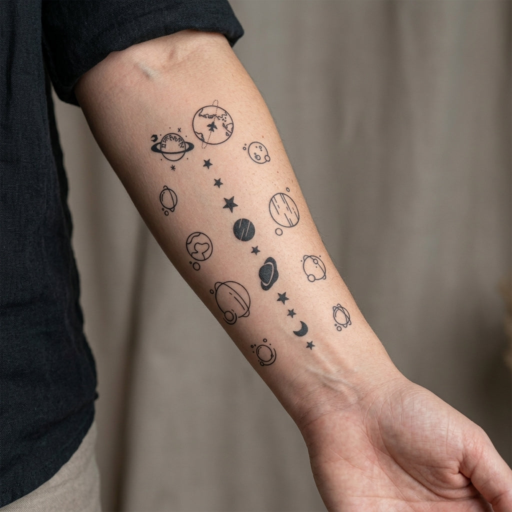 Mini Planets semi permanent tattoo applied on body