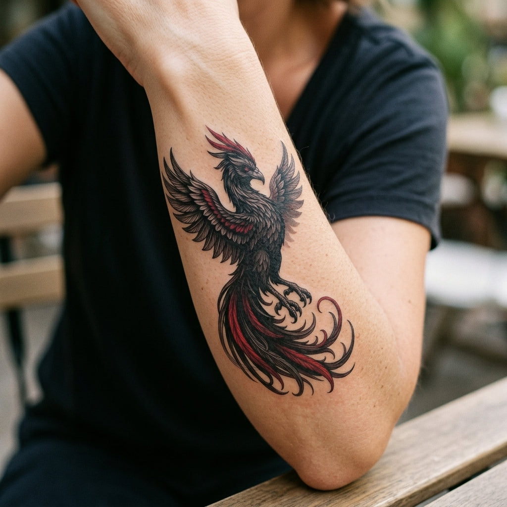 Red Phoenix semi permanent tattoo applied on body
