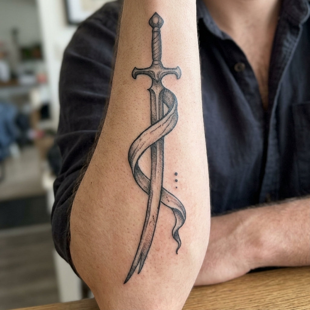 Ribbon Sword semi permanent tattoo applied on body