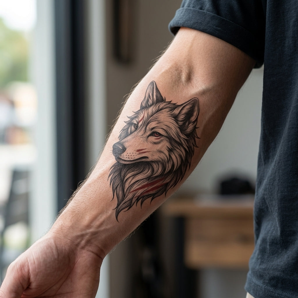 Scarred Wolf semi permanent tattoo applied on body