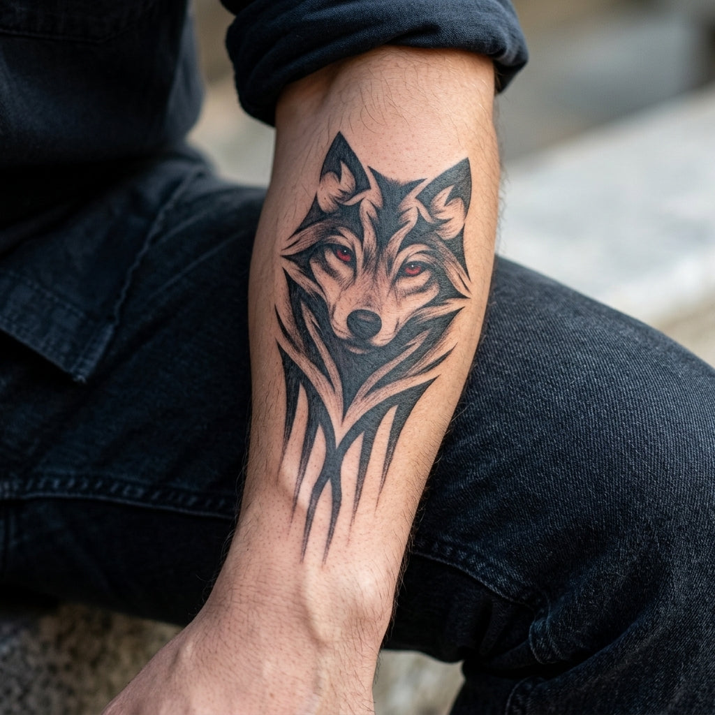 Tribal Wolf semi permanent tattoo applied on body