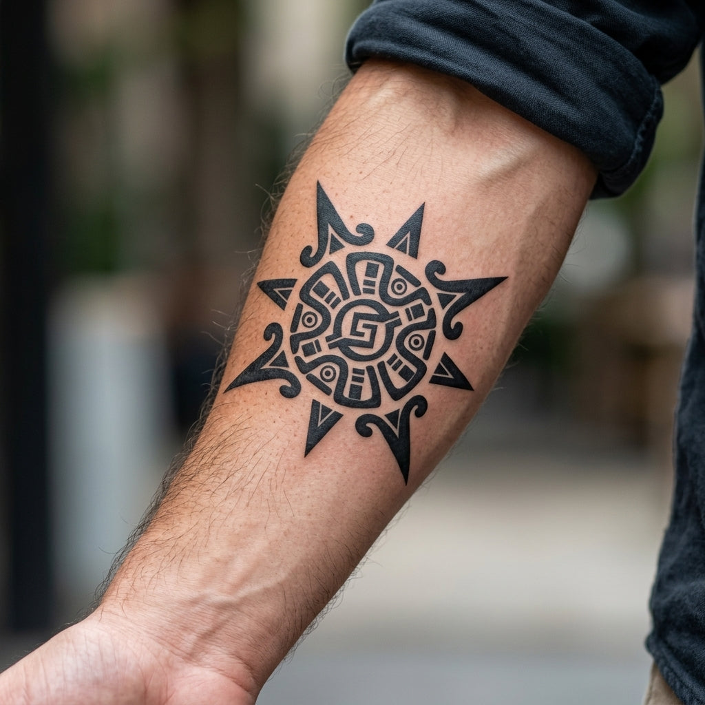 Tribal Sun semi permanent tattoo applied on body