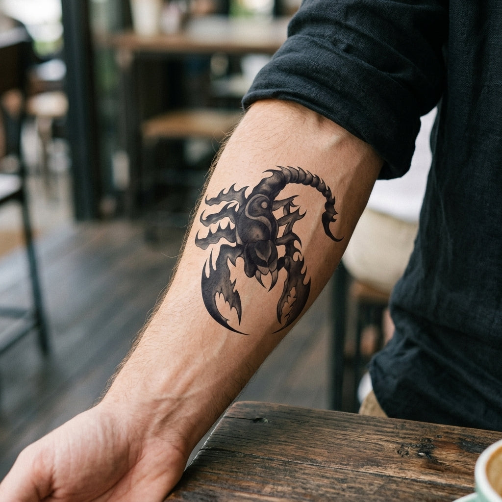 Black Scorpion semi permanent tattoo applied on body