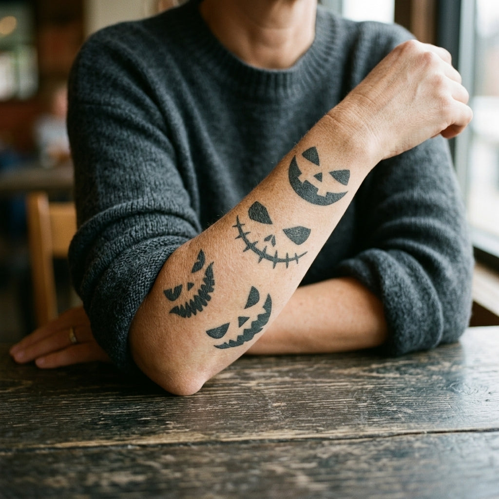 Pumpkin Faces semi permanent tattoo applied on body
