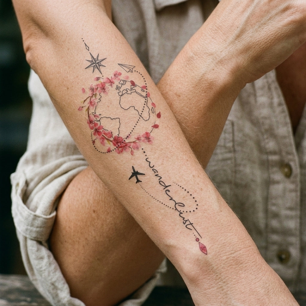 Wanderlust Globe semi permanent tattoo applied on body