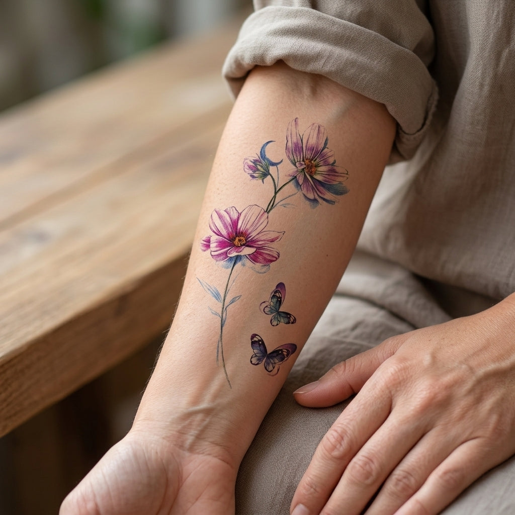 Pink Flowers semi permanent tattoo applied on body
