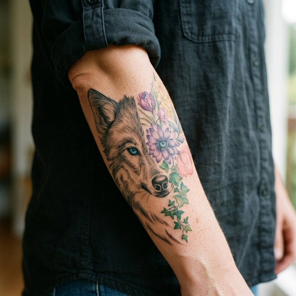 Floral Wolf semi permanent tattoo applied on body