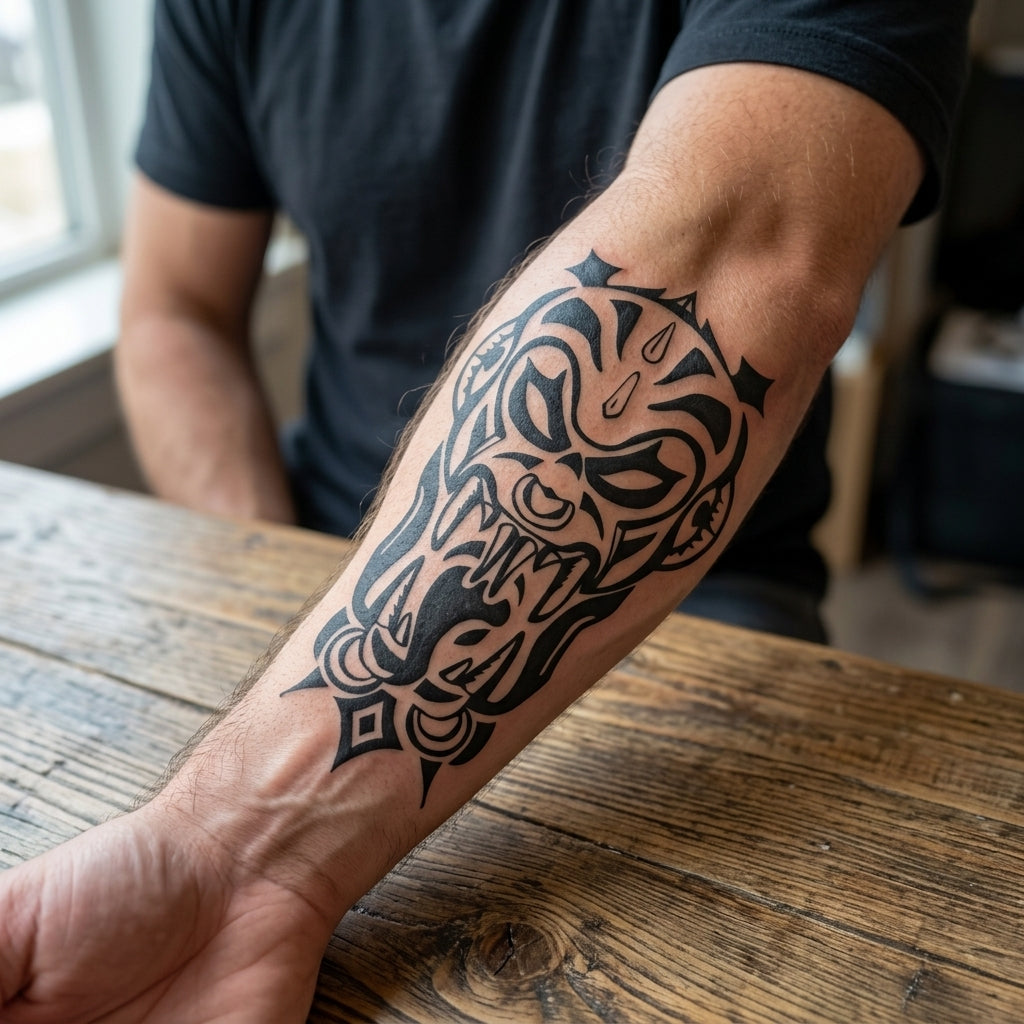 Tribal Mask semi permanent tattoo applied on body