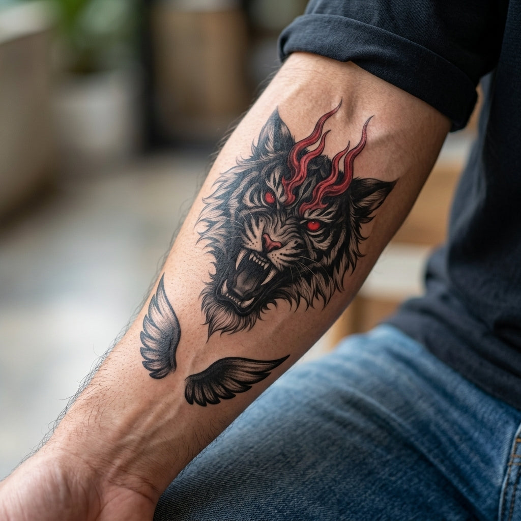 Winged Beast semi permanent tattoo applied on body
