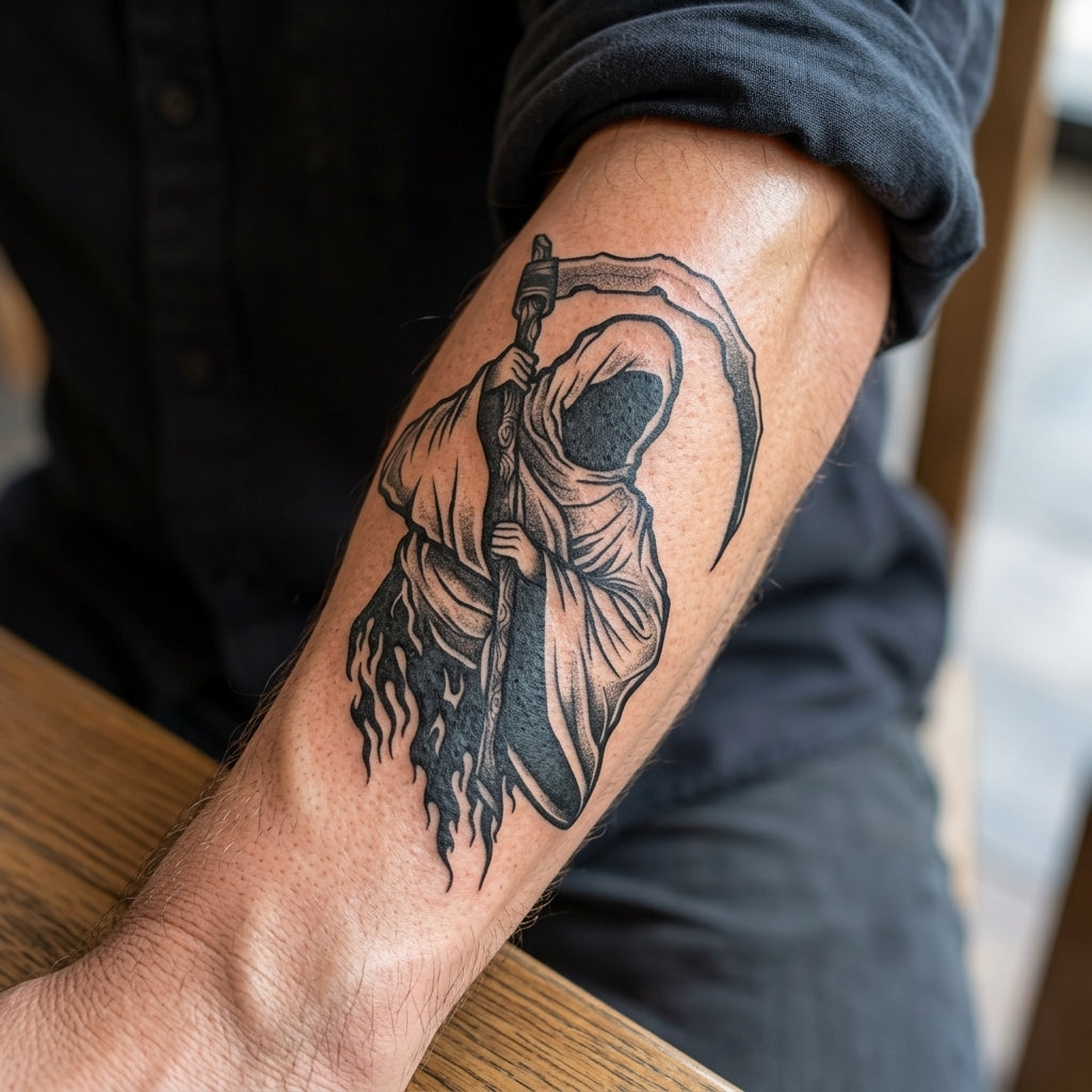 Grim Reaper semi permanent tattoo applied on body