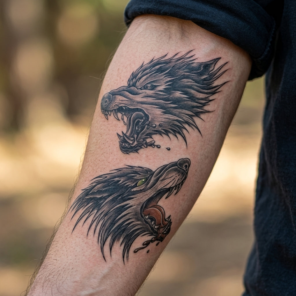 Angry Wolves semi permanent tattoo applied on body