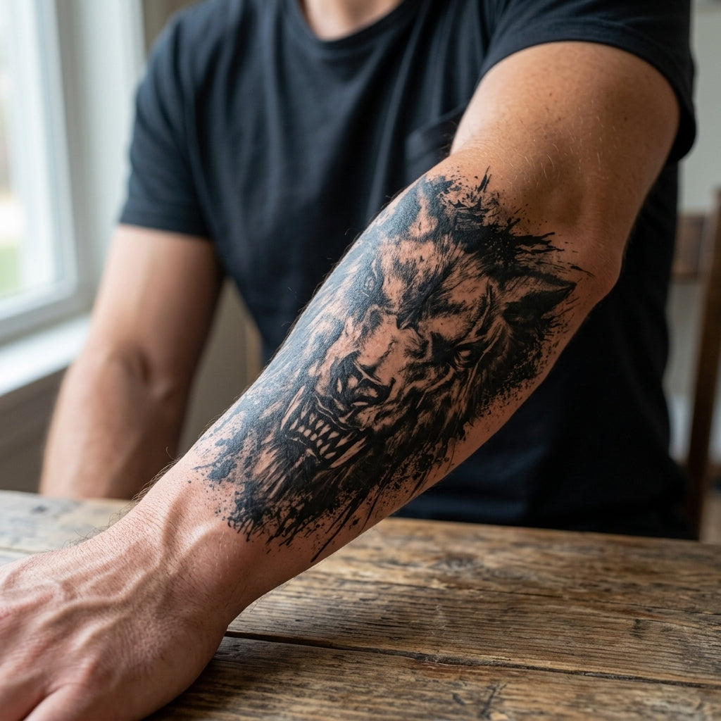 Splatter Wolf semi permanent tattoo applied on body