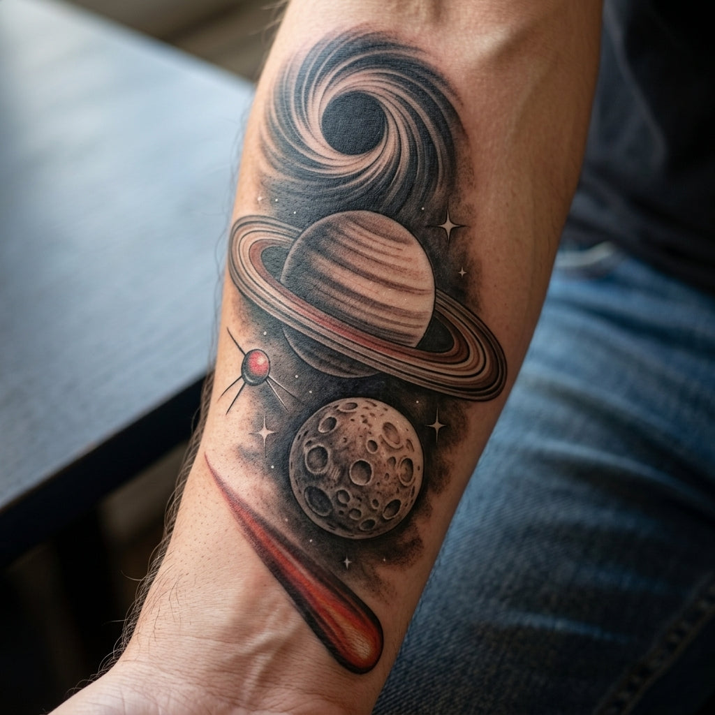 Galaxy Saturn semi permanent tattoo applied on body