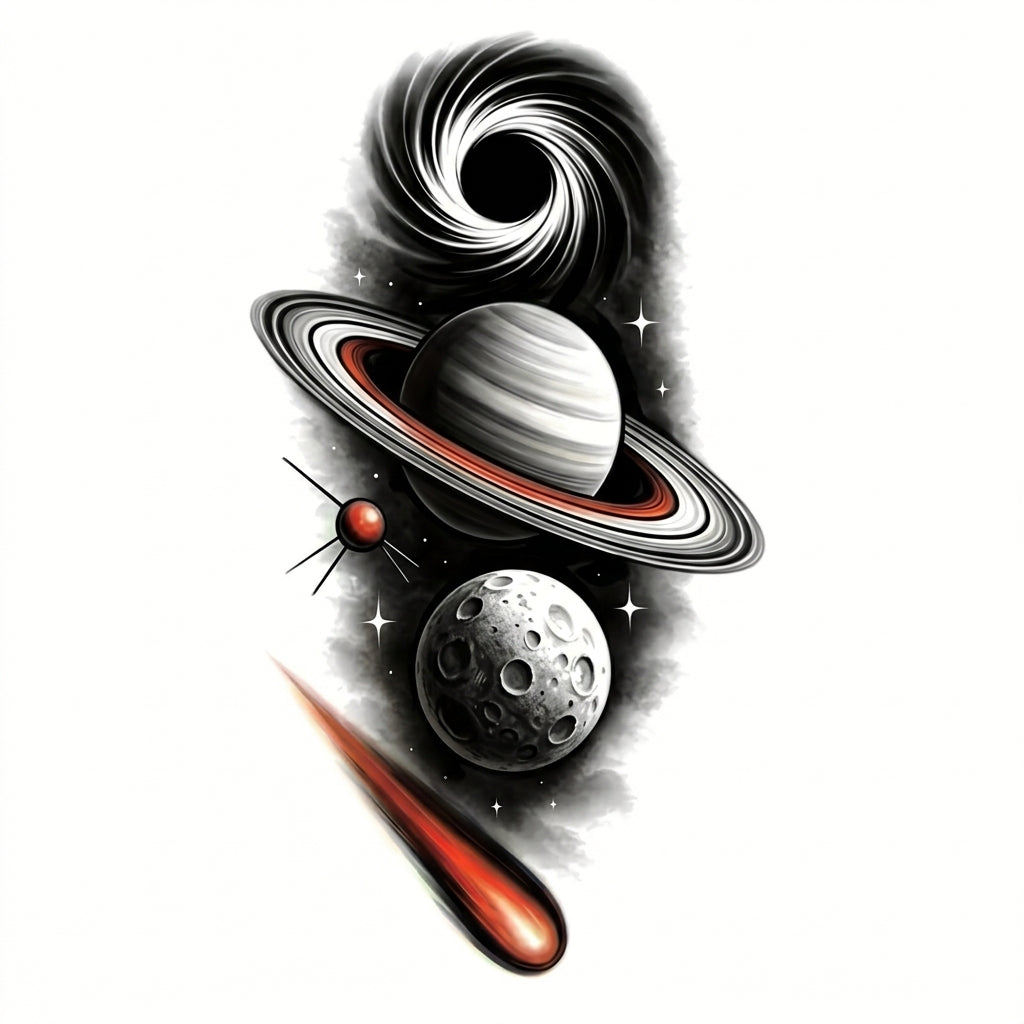 Galaxy Saturn semi permanent tattoo design