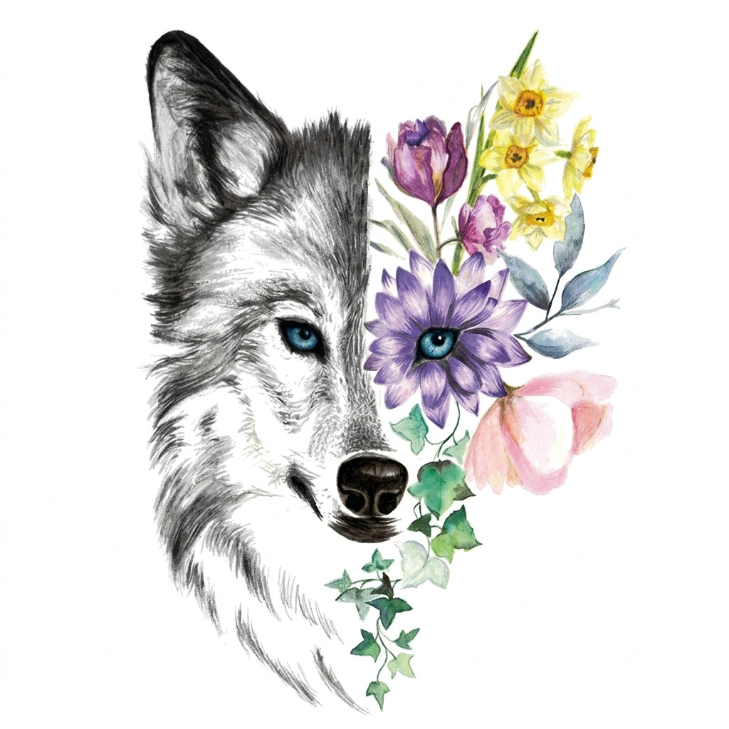 Floral Wolf semi permanent tattoo design