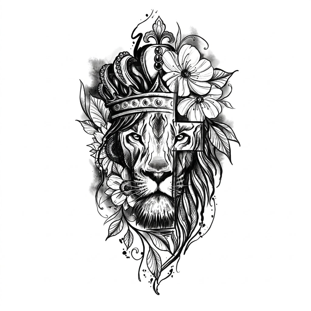 Floral Lion semi permanent tattoo design